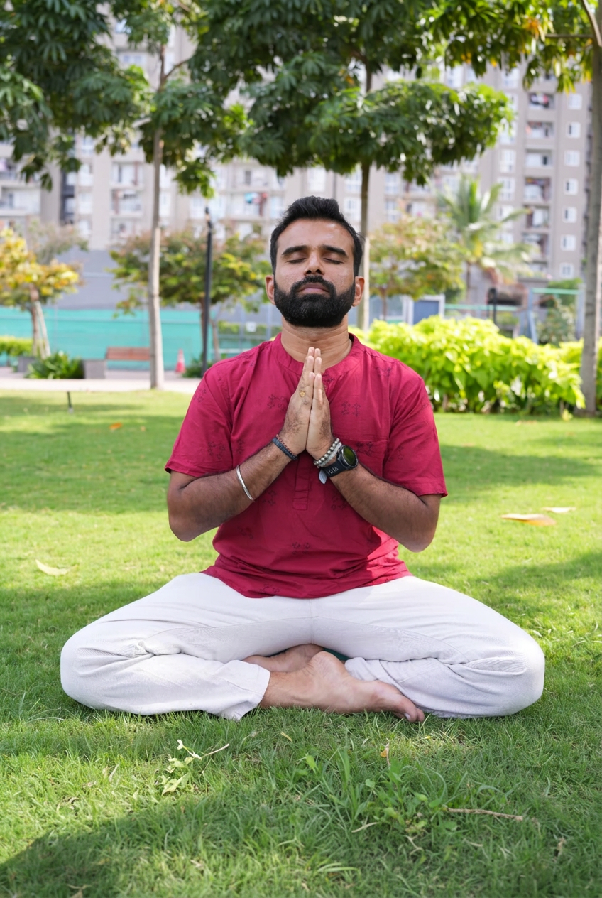 Nishanth Shetty seated in meditation on a green lawn