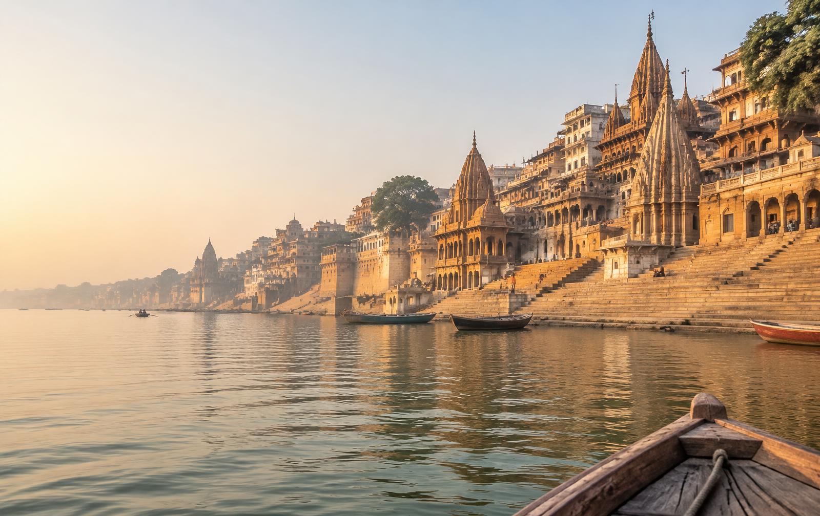 Varanasi’s riverside ghats in warm morning light — destination illustration